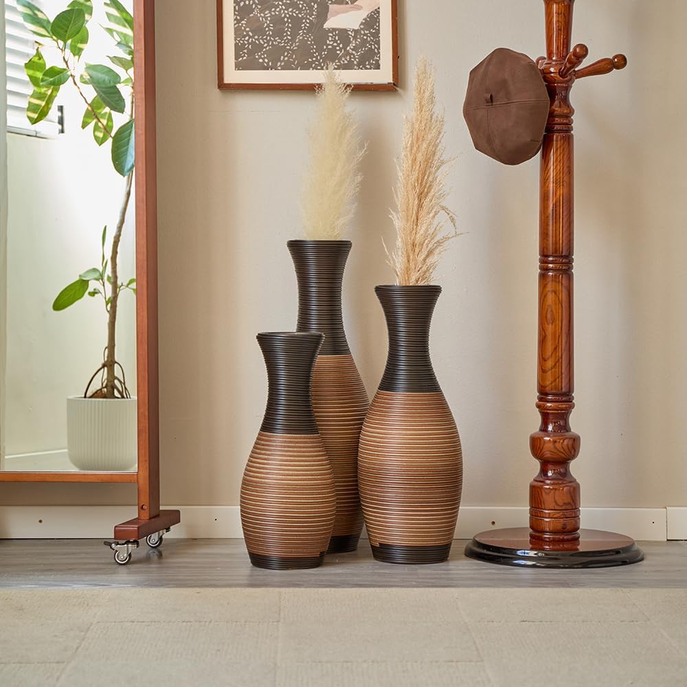 Floor PVC Decorated Vases Set of 3 for Gorgeous Home Decoration Large Classic PVC Vases 19.6in/23.6in/27.5in Height(Grey+Brown)