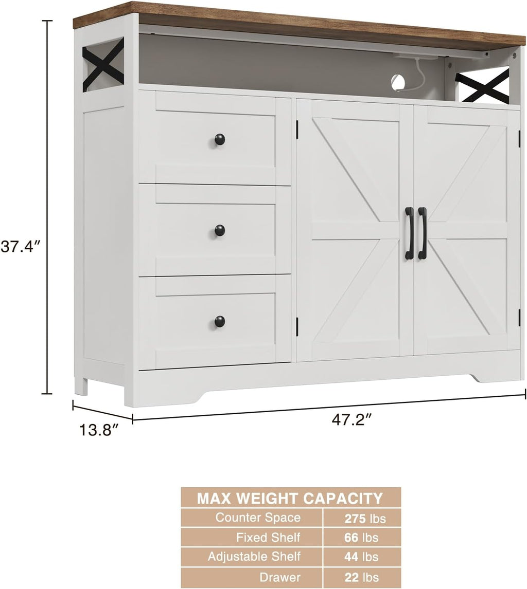 47' Antique White Storage Cabinet with Doors and Drawers, Farmhouse Sideboard Buffet Cabinet with Storage, Kitchen Pantry Hutch, Coffee Bar Station Table for Kitchen, Livingroom, Dining Room