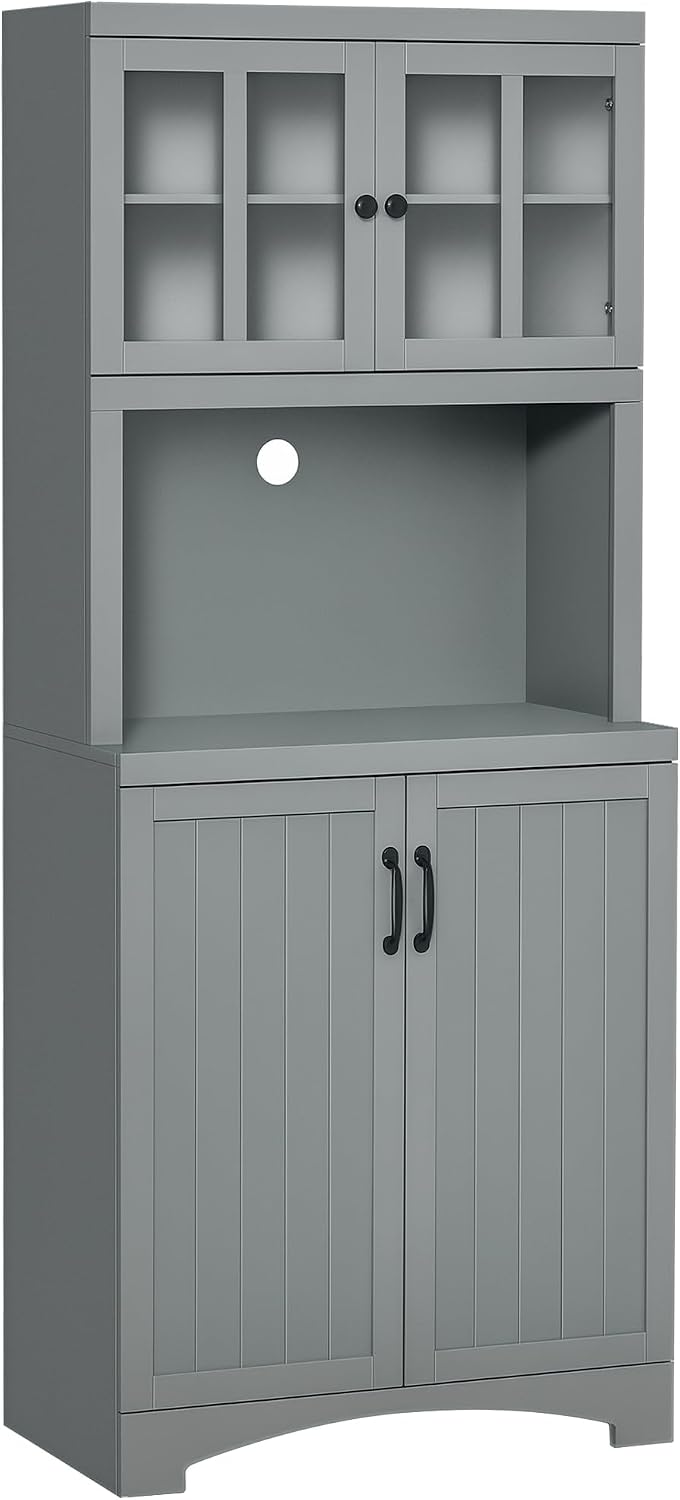 HOMCOM Kitchen Hutch, 70' Pantry Cabinet with Glass Framed Door, Storage Cabinet with Adjustable Shelves and Microwave Space for Dining Room, Gray