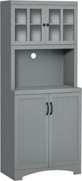 HOMCOM Kitchen Hutch, 70' Pantry Cabinet with Glass Framed Door, Storage Cabinet with Adjustable Shelves and Microwave Space for Dining Room, Gray