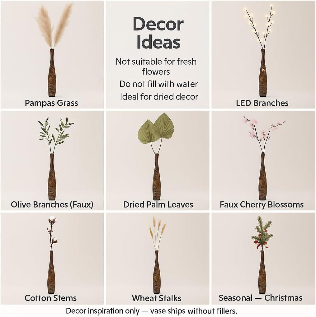 Leewadee Large Brown Home Decor Floor Vase - Wooden 41 inch Tall Farmhouse Decor Flower Holder for Fake Plant and Pampas Grass