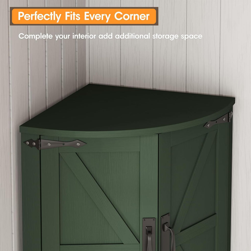 Vabches 64.8' Tall Farmhouse Corner Cabinet with 4 Doors and 5 Storage Shelves, Farmhouse Storage Cabinet with Barn Door Design, Home Space Saver for Living Room, Kitchen, Laundry Room,Green