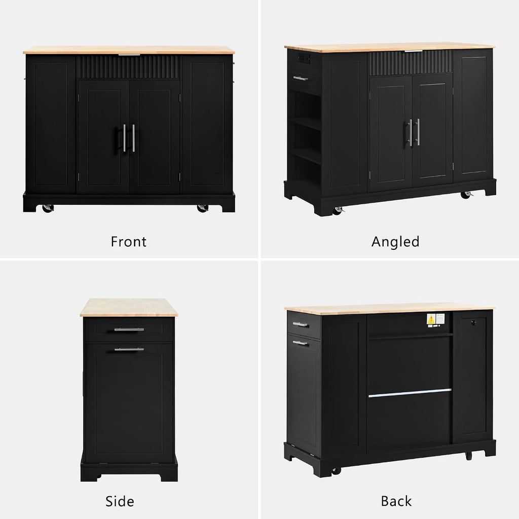LUMISOL Kitchen Cart on Wheels with Trash Can Storage Cabinet, for 10 Gallon Garbage Bin, Rolling Kitchen Island with Internal Storage Rack, Power Outlet, 3 Drawers and Open Side Racks, Black