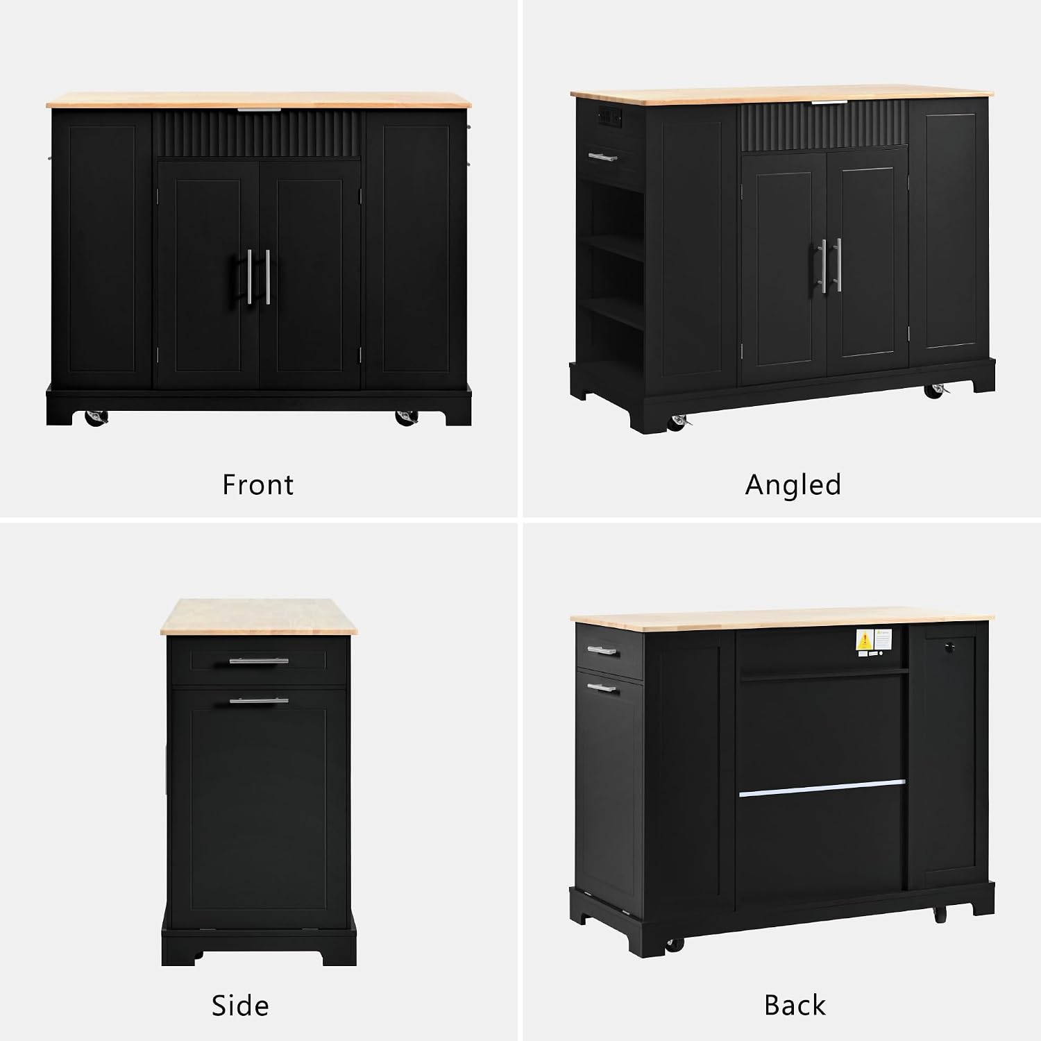 LUMISOL Kitchen Cart on Wheels with Trash Can Storage Cabinet, for 10 Gallon Garbage Bin, Rolling Kitchen Island with Internal Storage Rack, Power Outlet, 3 Drawers and Open Side Racks, Black