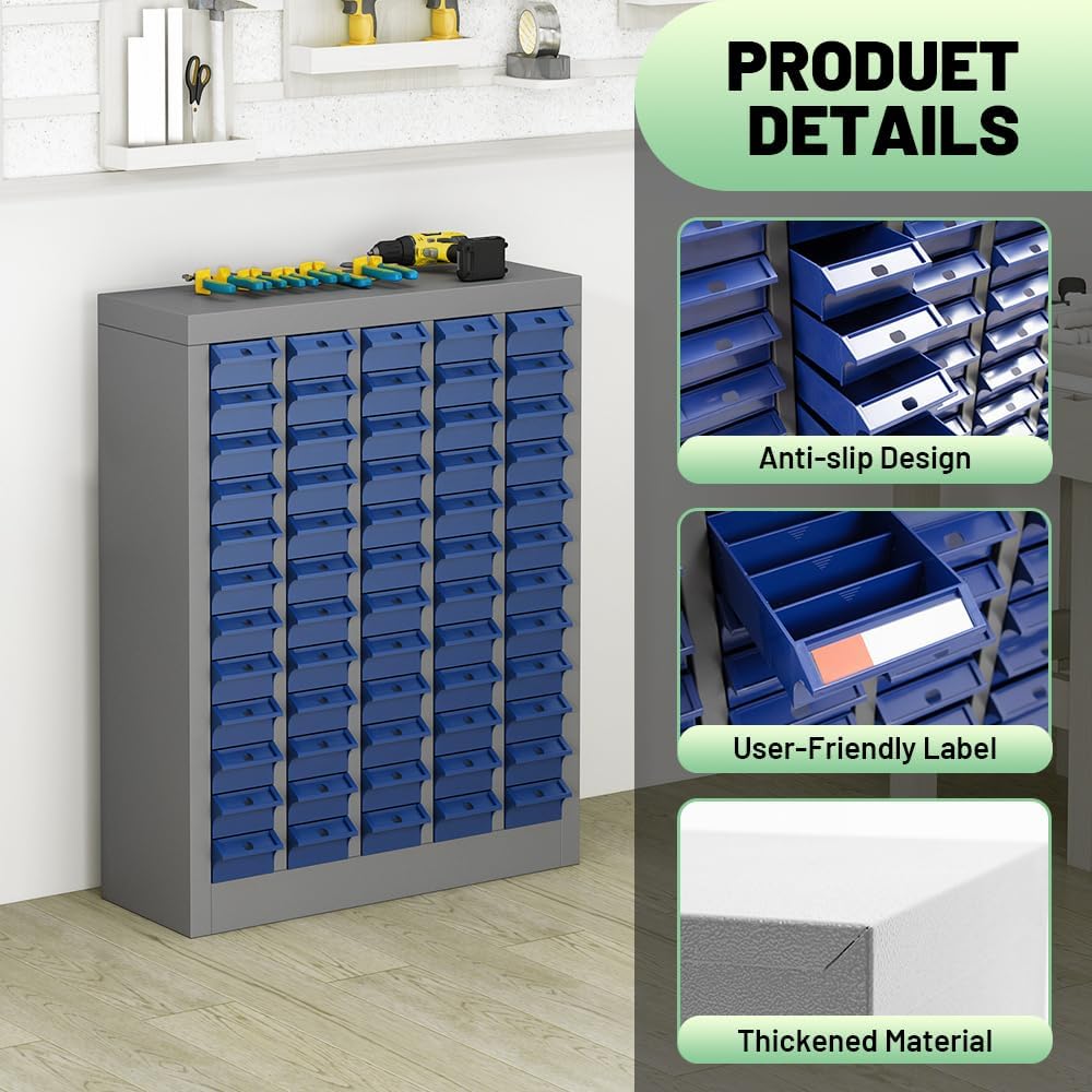 Yeeoy 60 Drawers Parts Cabinet, Bolt and Nut Tool Storage Cabinet, Steel Parts Organization Shelves with ABS Material Drawer & Labels for Tool Hardware Storage, Grey
