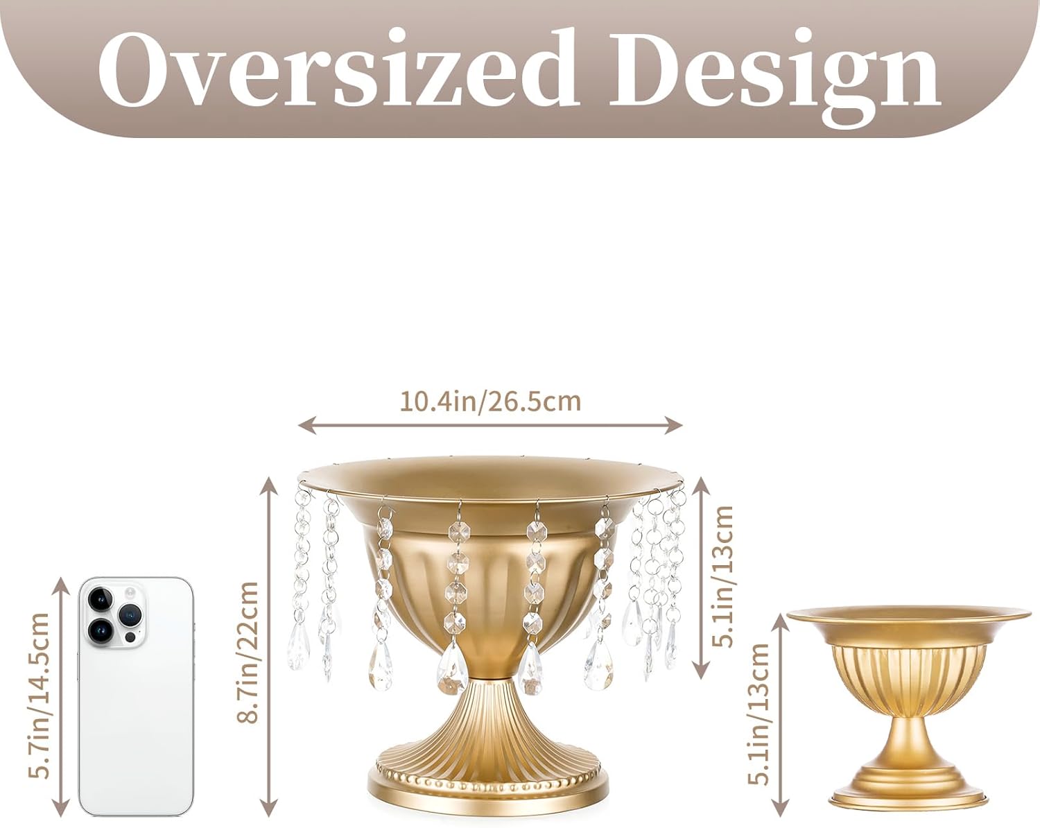 Sziqiqi Gold Urn Vase for Wedding: 8.6in Large Compote Vases Centrepieces with Crystal Beads for Table Decorations - Set of 10 Metal Urn Vases for Flower Arrangement Bowl Vase for Party Anniversary