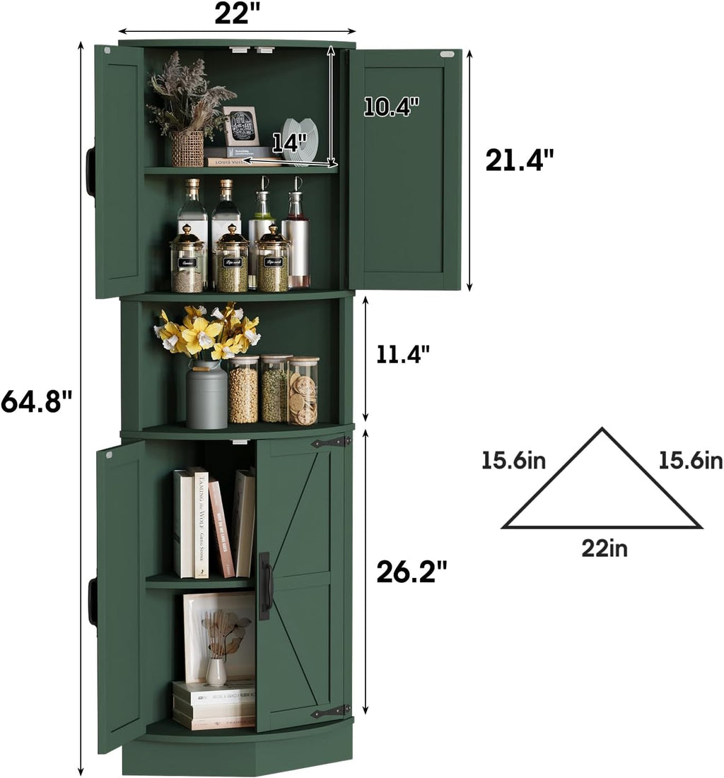 Vabches 64.8' Tall Farmhouse Corner Cabinet with 4 Doors and 5 Storage Shelves, Farmhouse Storage Cabinet with Barn Door Design, Home Space Saver for Living Room, Kitchen, Laundry Room,Green