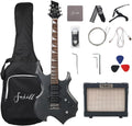 Fojill Heavy Metal Cool Electric Guitar Kit Set Beginner Starter Combo Package Bundle Battery Power Bluetooth 10W Amplifier Amp Accessory Gig Bag,Picks, Cable,Strap,Strings(FCGK-60, Metallic Black)