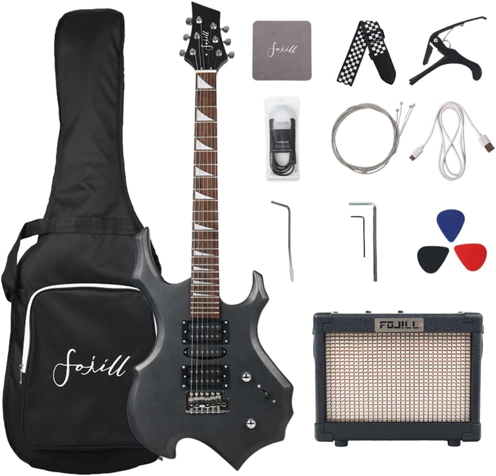 Fojill Heavy Metal Cool Electric Guitar Kit Set Beginner Starter Combo Package Bundle Battery Power Bluetooth 10W Amplifier Amp Accessory Gig Bag,Picks, Cable,Strap,Strings(FCGK-60, Metallic Black)