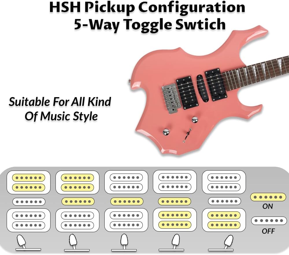 Fojill Heavy Metal Cool Shape Electric Guitar Kit Set Beginner Starter Combo Package Bundle Battery Power Bluetooth 10W Amplifier Amp Accessory Gig Bag,Picks, Cable,Strap,Extra Strings (FCGK-60, Pink)
