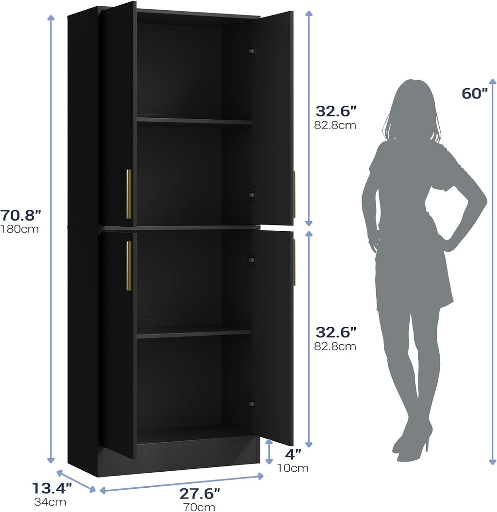Housoul 71' Tall Pantry Cabinet, 4 Doors Kitchen Pantry Storage Cabinet, Freestanding Larder Cupboard, Kitchen Hutch with Gold Handles for Dining Room, Bathroom, Black