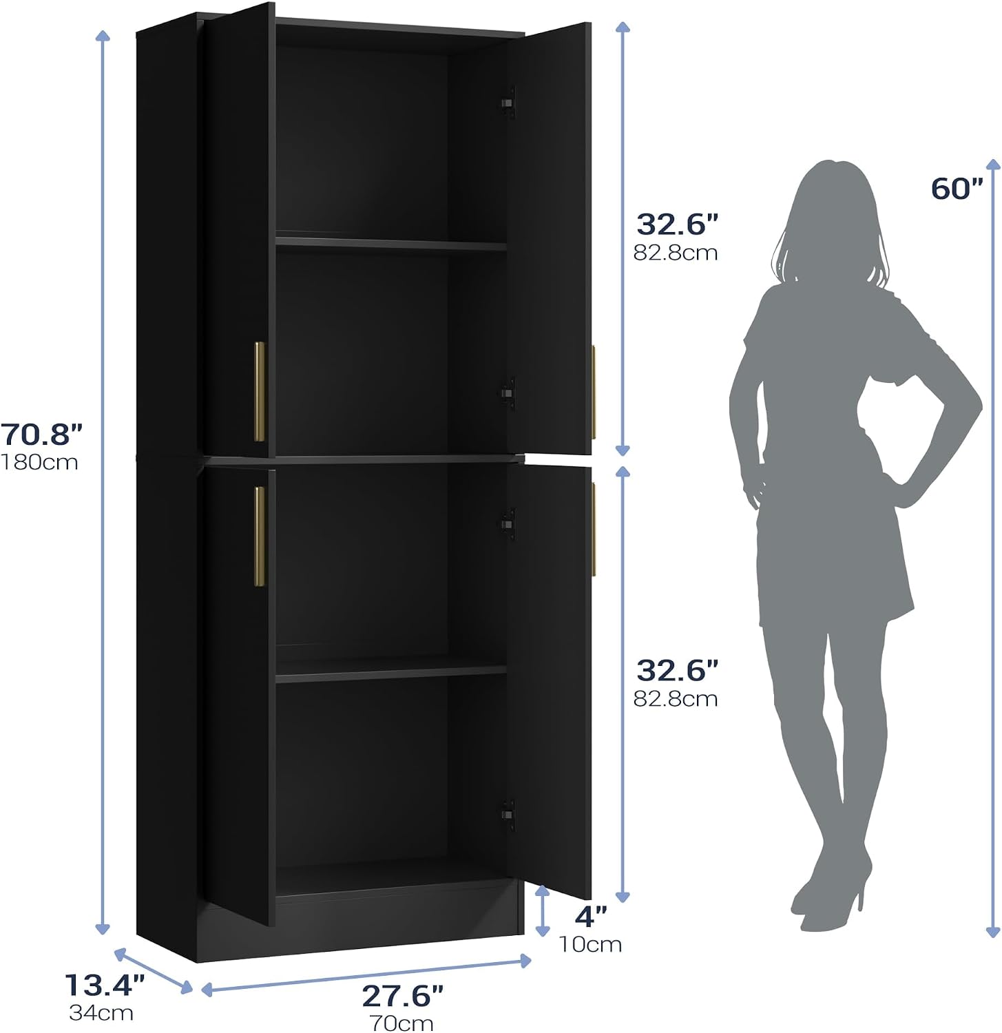 Housoul 71' Tall Pantry Cabinet, 4 Doors Kitchen Pantry Storage Cabinet, Freestanding Larder Cupboard, Kitchen Hutch with Gold Handles for Dining Room, Bathroom, Black