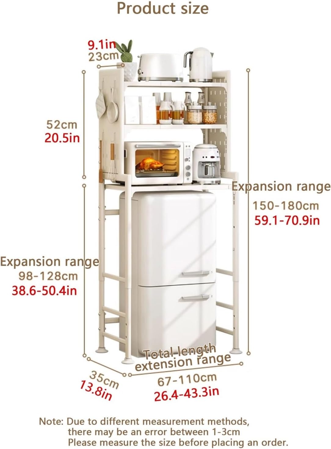 Mini Fridge Stand Storage Refrigerator Shelf 3 Tier Expandable Adjustable Height Microwave Stand Shelf Kitchen Bakers Rack for Refrigerators Below 1.2m(Black)