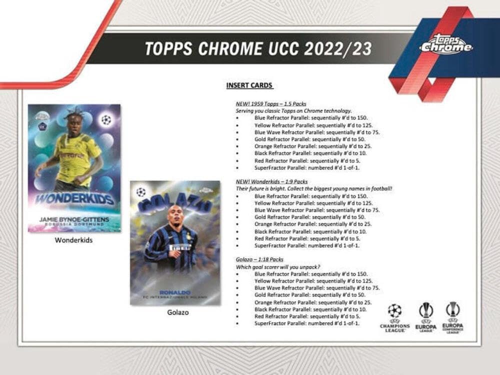 2022-23 Topps Chrome UEFA Champions League Soccer Factory Sealed Hobby Lite Box 16 Packs of 4 Cards. 4 Black and White Raywave Parallels Per Box. See Scans to see details on the Amazing Hits that are Possible.