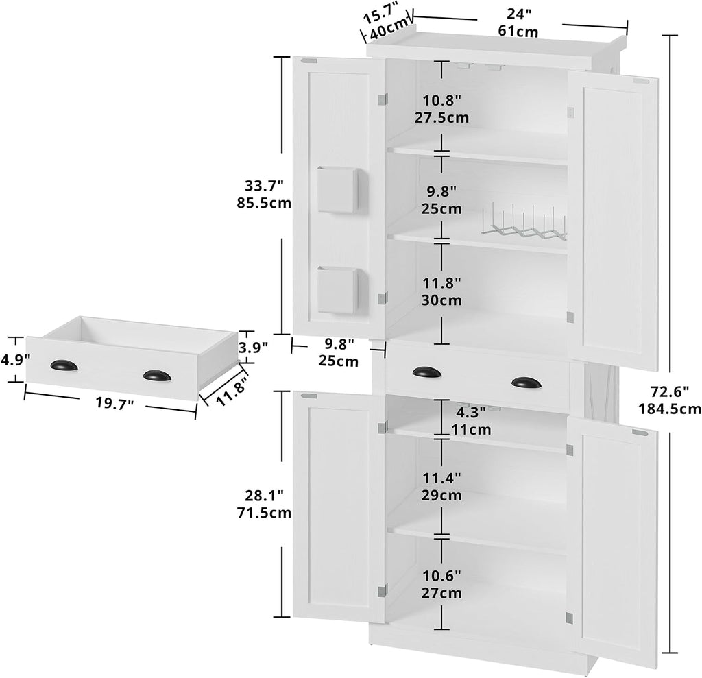 IRONCK Kitchen Pantry Storage Cabinet 72.6' H x 24' W, with Barn Doors, Drawer, 4 Adjustable Shelves, Freestanding Cupboard, Laundry, White