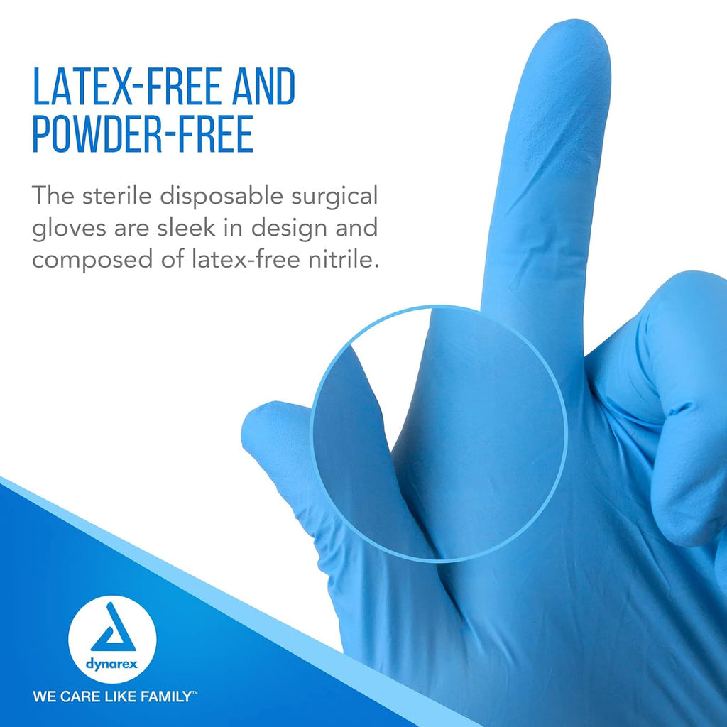 Dynarex Sterile Disposable Nitrile Exam Gloves, Powder-Free, Sterilely Individually Packaged, Textured Palms, Blue, Large, 1 Case - 8 Boxes of 100