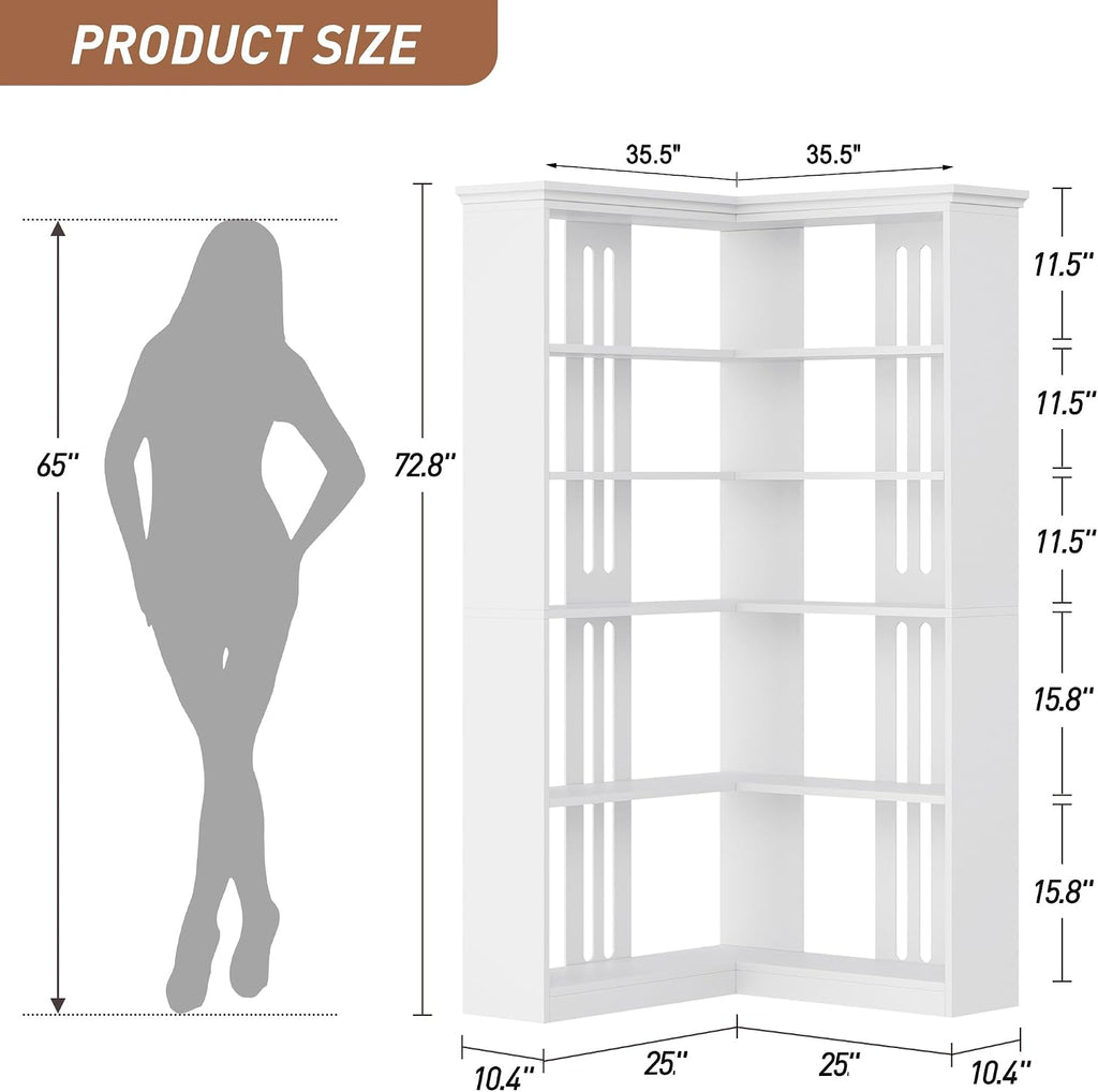 IDEALHOUSE Corner Bookshelf 72.8in Farmhouse Bookcase Large Bookshelves Wood Bookcase Tall 5 Tier Corner Shelf L Shaped Bookshelf Storage Display Rack Living Room Bedroom (White, Half Panel)