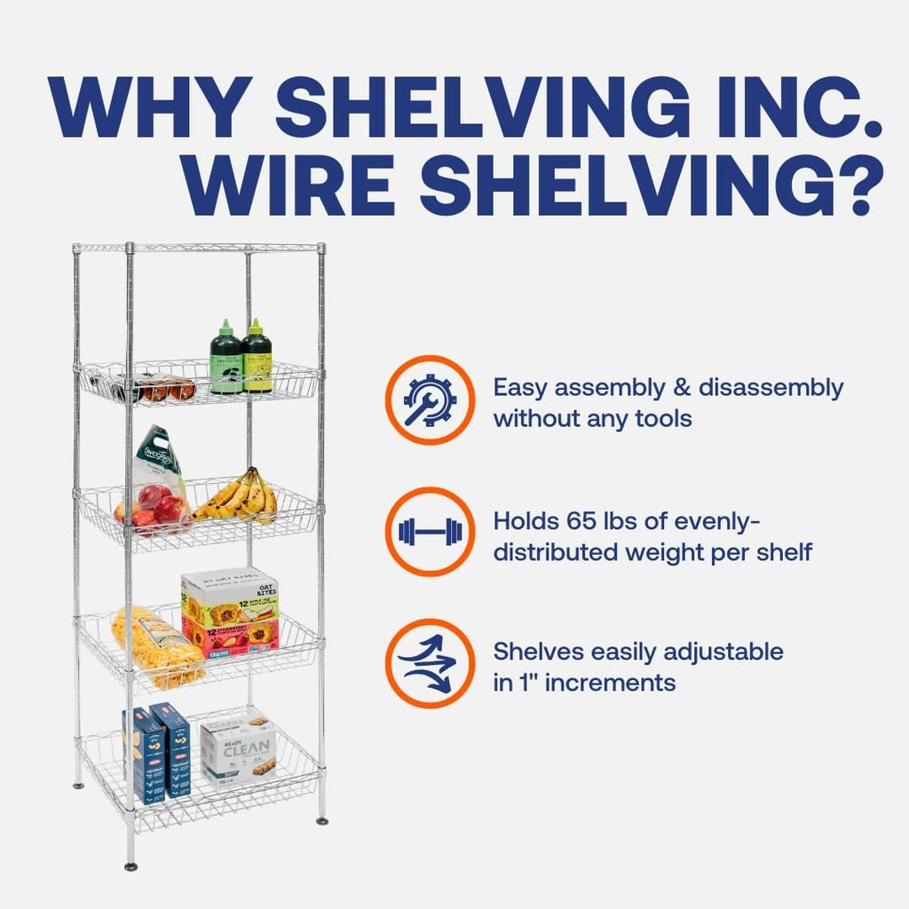 SI Shelving Inc. 14' d x 18' w x 60' h 5-Tier Chrome Wire Basket Shelving, Everyday Shelving, Weight Capacity 65 lbs Per Shelf