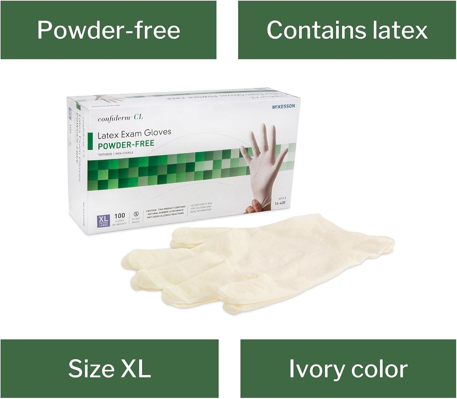McKesson Confiderm Latex Exam Gloves, Non-Sterile Medical Gloves with Textured Fingertips - Beaded Cuff, Powder-Free - Ivory, Size XL, 100 Count, 10 Boxes, 1000 Total