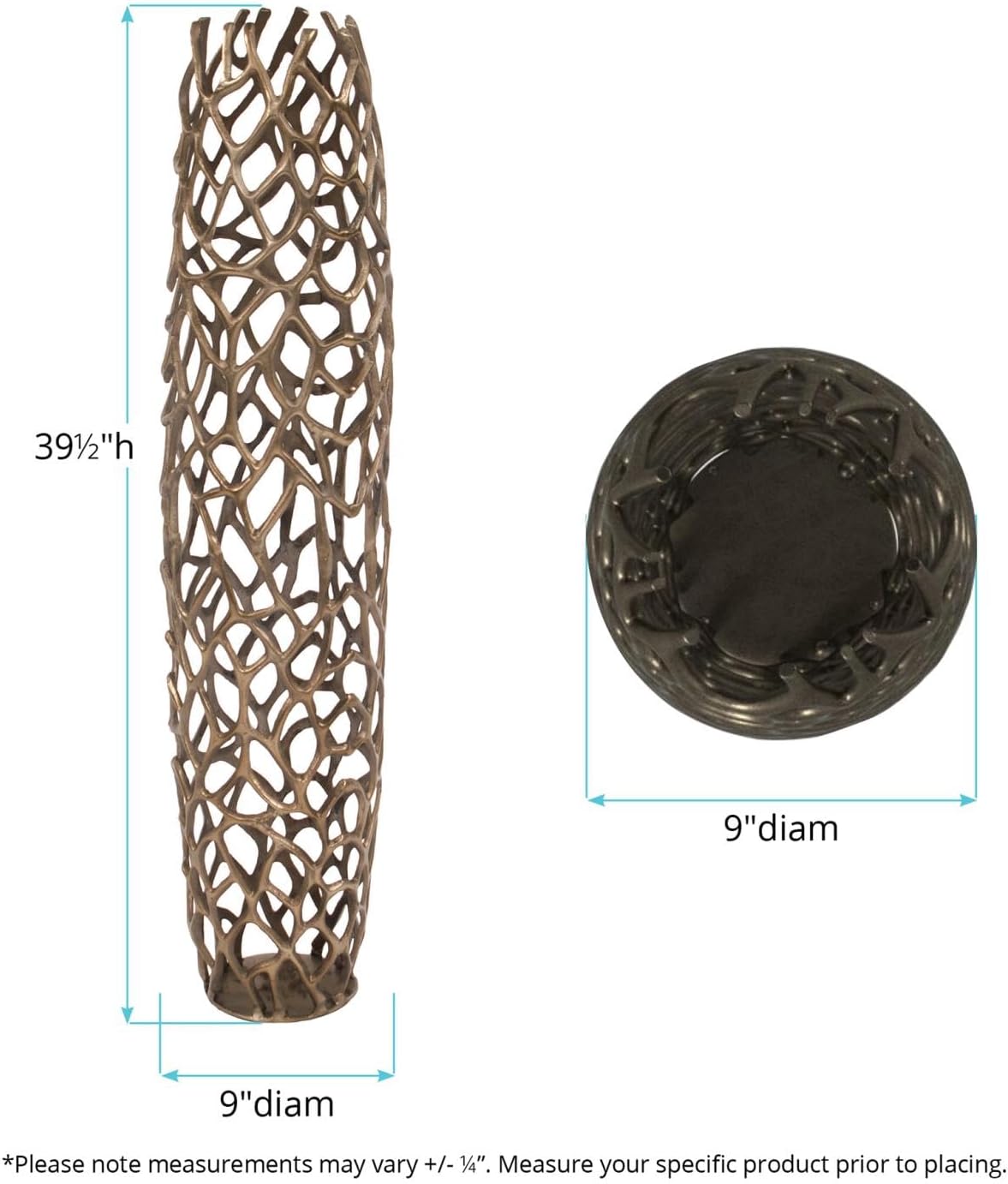 Howard Elliott Collection Bronze Aluminum Branch Floor Vase, Modern Abstract Intertwined Design with Padded Base, Tall Decorative Flower Centerpiece for Living Room & Home Decor, 9 x 9 x 39.5 Inch