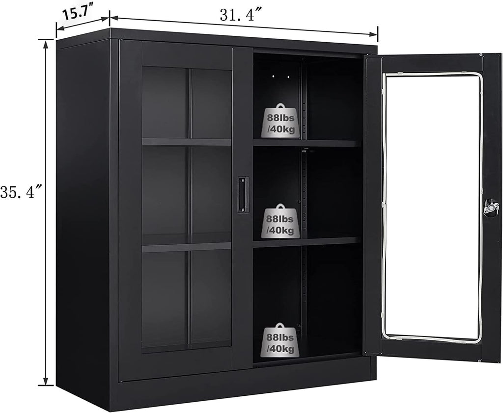 SISESOL Black Metal Storage Cabinet with Doors and Shelves,36 inch Locking Display Cabinet with Acrylic Doors,Office Cabinets with Lock,Sideboard Cabinets for Home Office,Living/Dining/Utility Room,