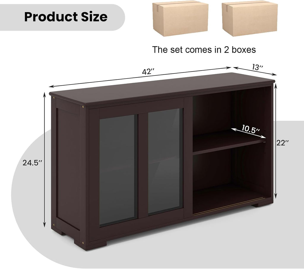 COSTWAY Buffet Sideboard with Storage, 2-Door Floor Cupboard with Sliding Tempered Glass Cabinet & Adjustable Shelf, Stackable Storage Cabinet for Kitchen, Entryway, Brown (2)