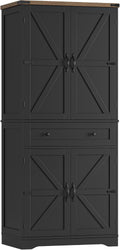 HOSTACK 71' Tall Pantry Cabinet, Farmhouse Kitchen Pantry with Storage Shelves, Barn Doors Food Storage Cabinet, Freestanding Kitchen Hutch with Large Drawer for Dining Room, Living Room, Black