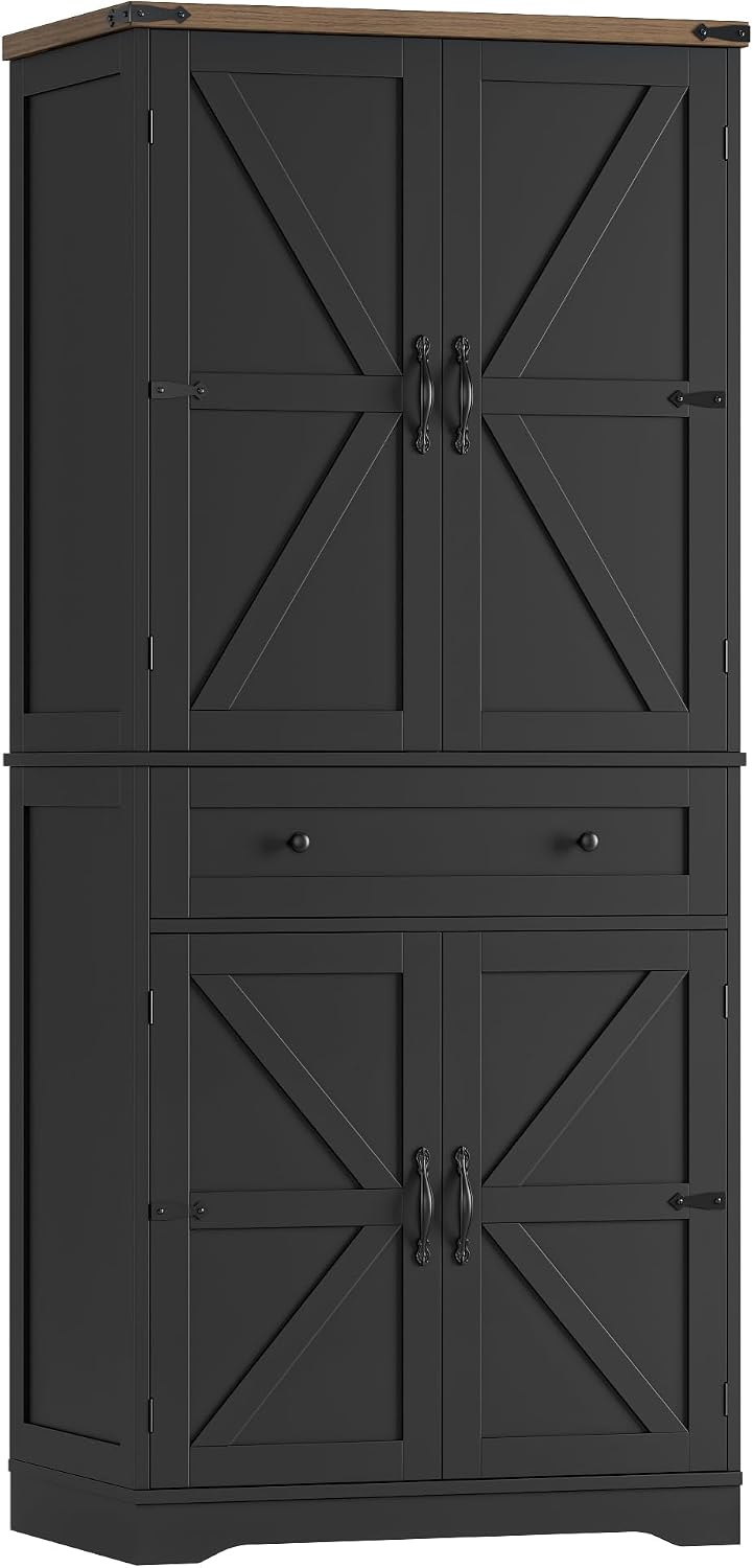 HOSTACK 71' Tall Pantry Cabinet, Farmhouse Kitchen Pantry with Storage Shelves, Barn Doors Food Storage Cabinet, Freestanding Kitchen Hutch with Large Drawer for Dining Room, Living Room, Black