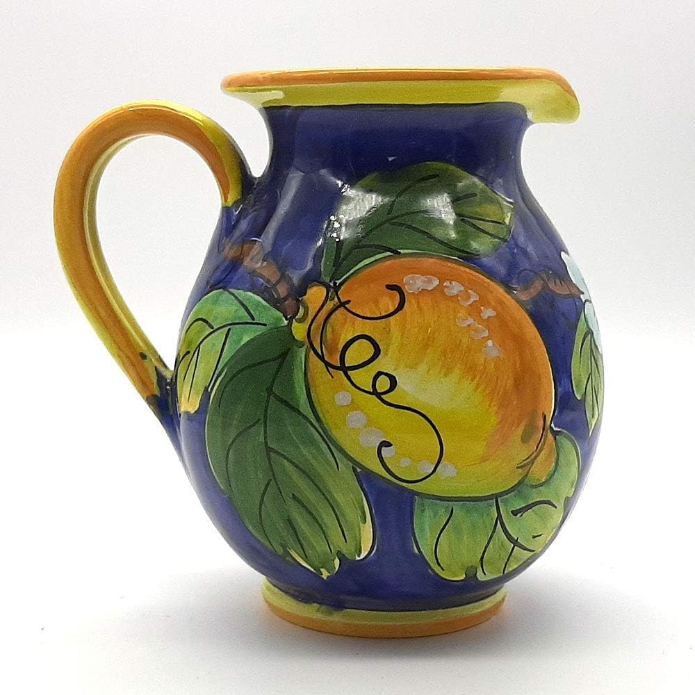 Italian Ceramic Pitcher Lemon Blue - 16 oz Hand Painted Utensil Holder Or Carafe Design for Kitchen - Made in ITALY Tuscany - Italian Pottery Vase Jar for Wine - Home Decor Ceramics Dispenser