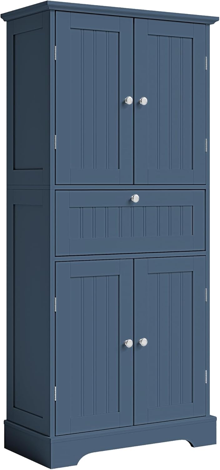 ChooChoo 51' H Tall Bathroom Floor Cabinet, Modern Bathroom Storage Cabinet with Drawer and Adjustable Shelves, Freestanding Kitchen Pantry Cupboard with 4 Doors for Living Room, Blue