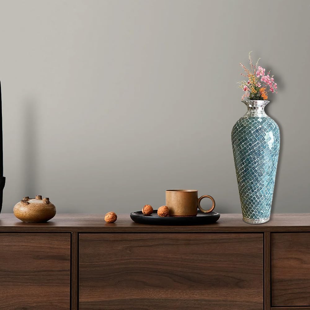 Floor Vase, Mosaic Vase, Decorative Metal Mosaic Piece Vase in Geometric Pattern Wavy Shape with Glass- Marbled Teal & Silver