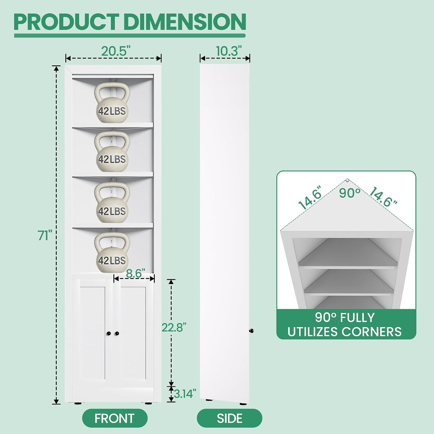 Tall Corner Cabinet,71' Waterproof Metal Corner Cabinet for Bathroom, Corner Storage Cabinet with 4 Adjustable Shelves & Quiet Close Door,Home Space Saver for Kitchen,Living Room,Pantry