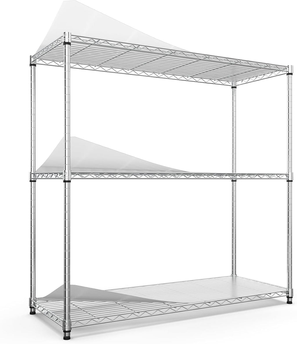 pouseayar 3 Tier NSF Metal Shelf Wire Shelving Unit, 1050lbs Capacity Heavy Duty Adjustable Storage Rack with Shelf Liners - 48' H x 48' L x 18' D for Closet Kitchen Garage Basement and More - Chrome