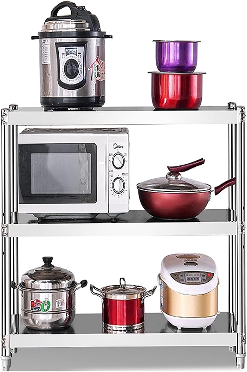 3-Tier Kitchen Baker's Rack Utility Microwave Oven Stand Storage Cart Workstation Shelf Hooks Organizer Baker's Shelves Bar Hutch Industrial Oven Standing Spice Wine Adjustable Shelving (100x30x80cm )
