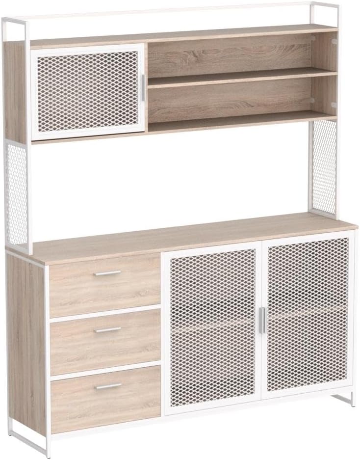 ECACAD Modern Wood Sideboard Buffet Storage Cabinet with Hutch, 3 Metal Mesh Doors, 3 Drawers & 5 Compartments, Kitchen Pantry Cupboard Console Table for Living Room, Dining Room, Light Oak