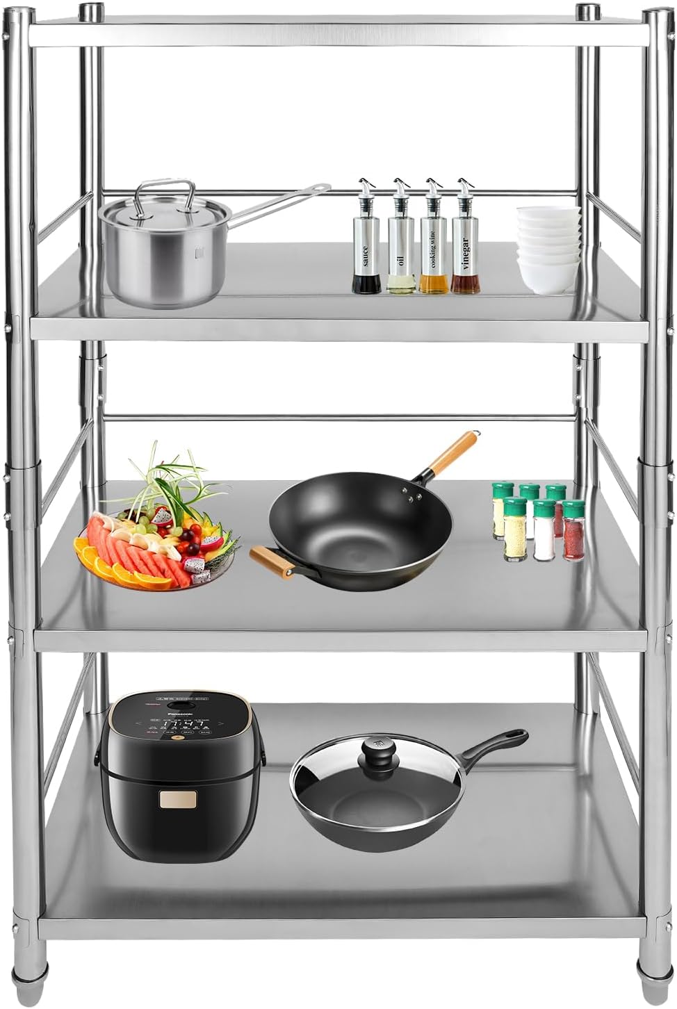 4-Tier Stainless Steel Shelving, Adjustable Height Stainless Steel Storage Shelf, Adjustable Shelf Storage Unit Heavy Duty Shelving for Kitchen Commercial Office Garage Storage, Load 200lb Per Shelf