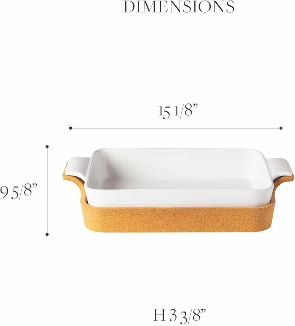 Casafina Ceramic 16' x 10.25' Rectangular Baker with Cork Tray - Ensemble Collection, White | Oven & Dishwasher Safe Bakeware | Food Safe Glazing | Restaurant Quality Dinnerware