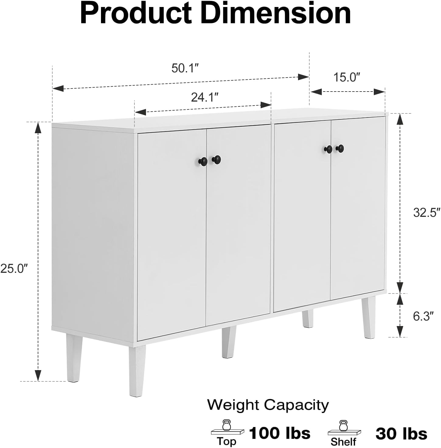 Panana Sideboard Buffet Cabinet Kitchen Storage Cabinet Living Room 4 Doors Console Table (White)