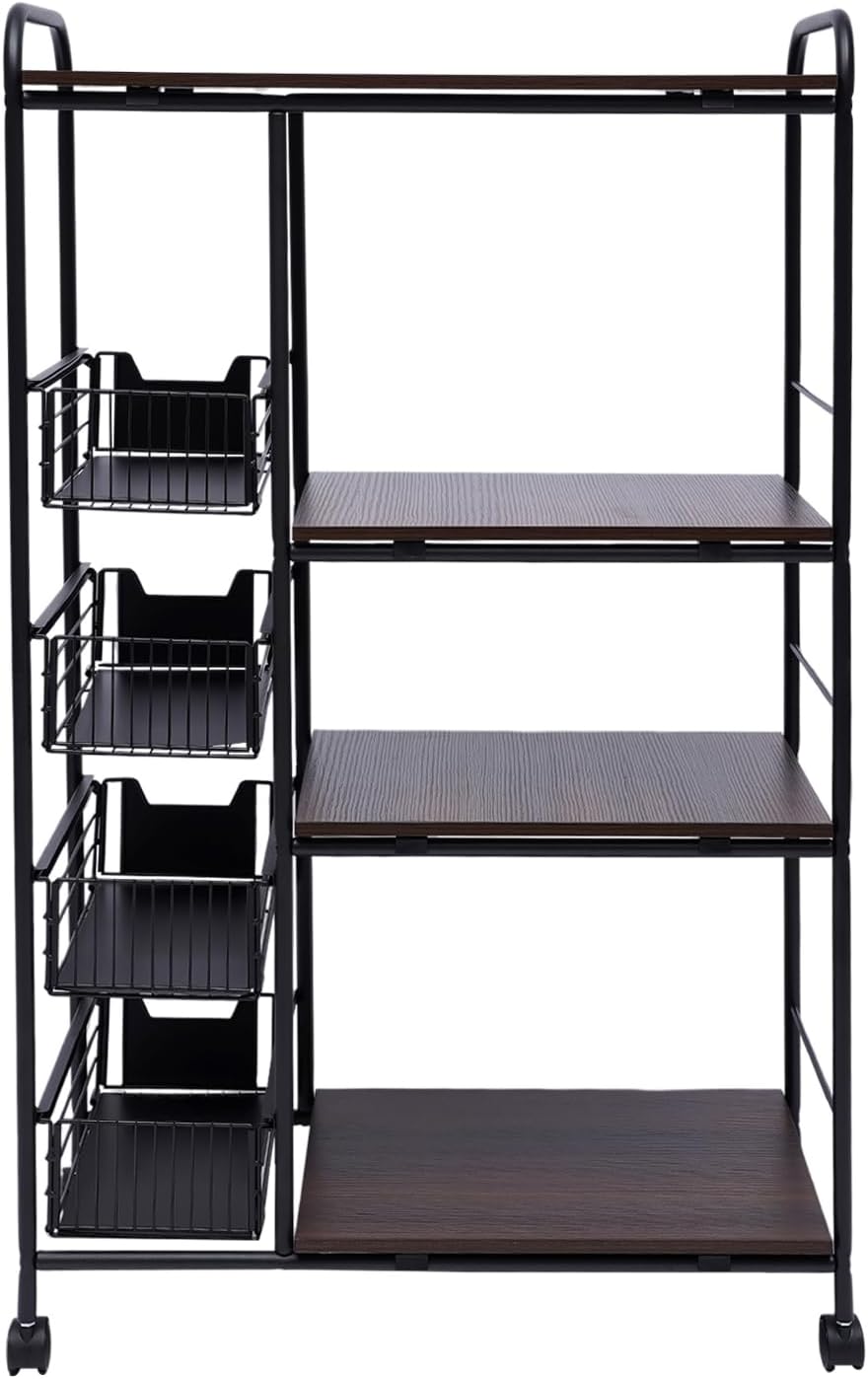 Kitchen Storage Carts,Kitchen Stand Microwave Cart for Home,Kitchen Shelving Unit Rolling Utility Microwave Oven Rack on Wheels,Mobile Cart with 4 Tier Storage Bakers Rack,with 4 Sliding Drawers