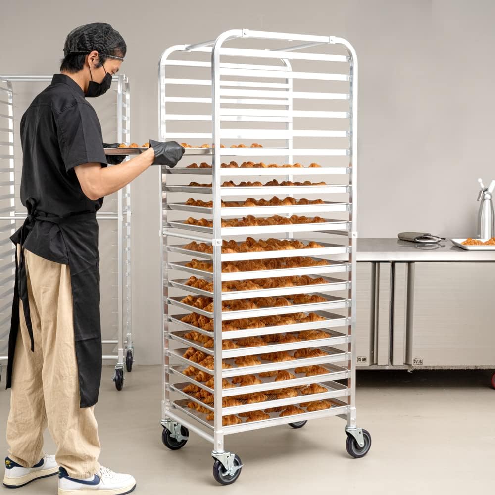 Restaurantware Kitchen Tek 26 x 20.25 x 69.5 Inch Bun Pan Rack 1 Endload Sheet Pan Rack - Full-Height 2 Locking & 2 Non-locking Casters Silver Aluminum Bun Pan Rack With Wheels Holds 20 Pans