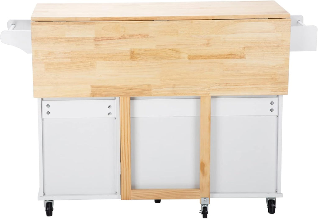 Kitchen Island with Rubber Wood Drop-Leaf Countertop, Mobile Serving Cart with Spice Rack, Utility Storage Trolley with Towel Holder, Rolling Kitchen Table with 3 Drawer and Storage Cabinet