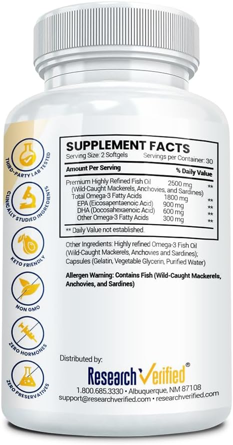 Research Verified Omega 3-1800mg Omega 3 Fish Oil - High 900mg EPA + 600mg DHA - No Aftertaste - 60 Softgel Capsules - 3 Bottles