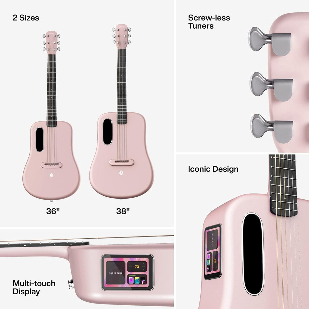 LAVA ME 3 Carbon Fiber Smart Guitars for Adults Teens Beginners, Acoustic-Electric Guitarra with HILAVA OS, w/Space Gig Bag 38'' Pink