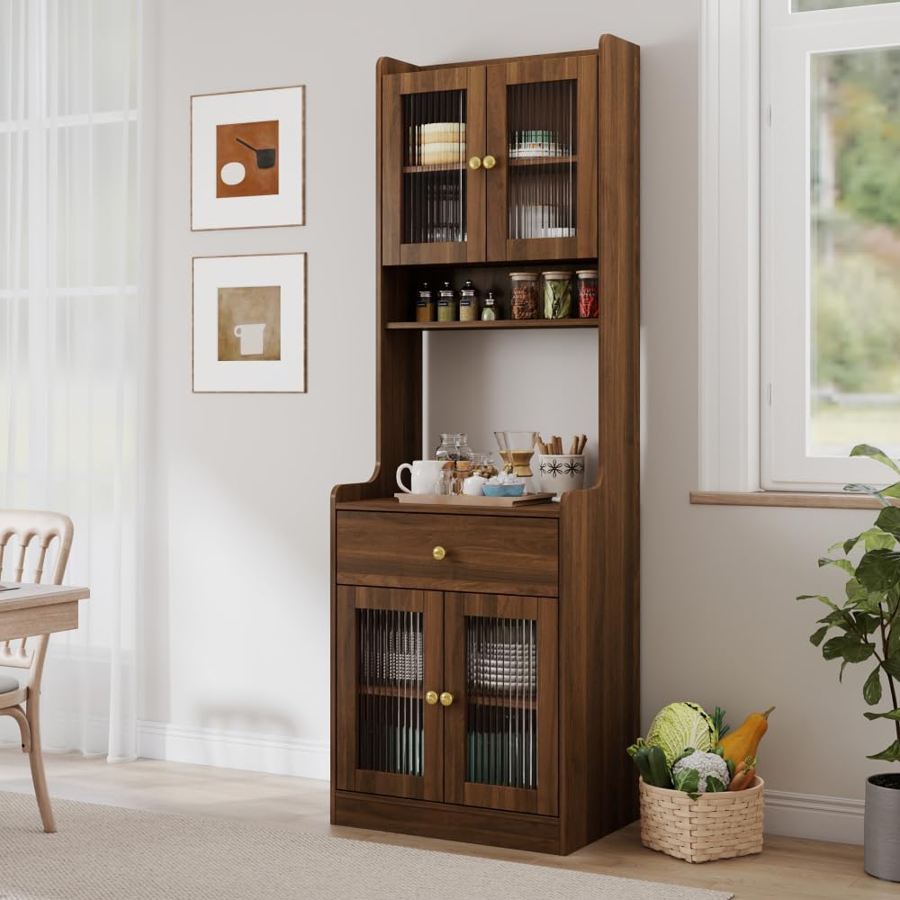 23.6' W Walnut Kitchen Pantry Hutch - Freestanding Storage Cabinet 2 Cabinets 1 Drawer with Microwave Stand for Kitchen Coffee Bar