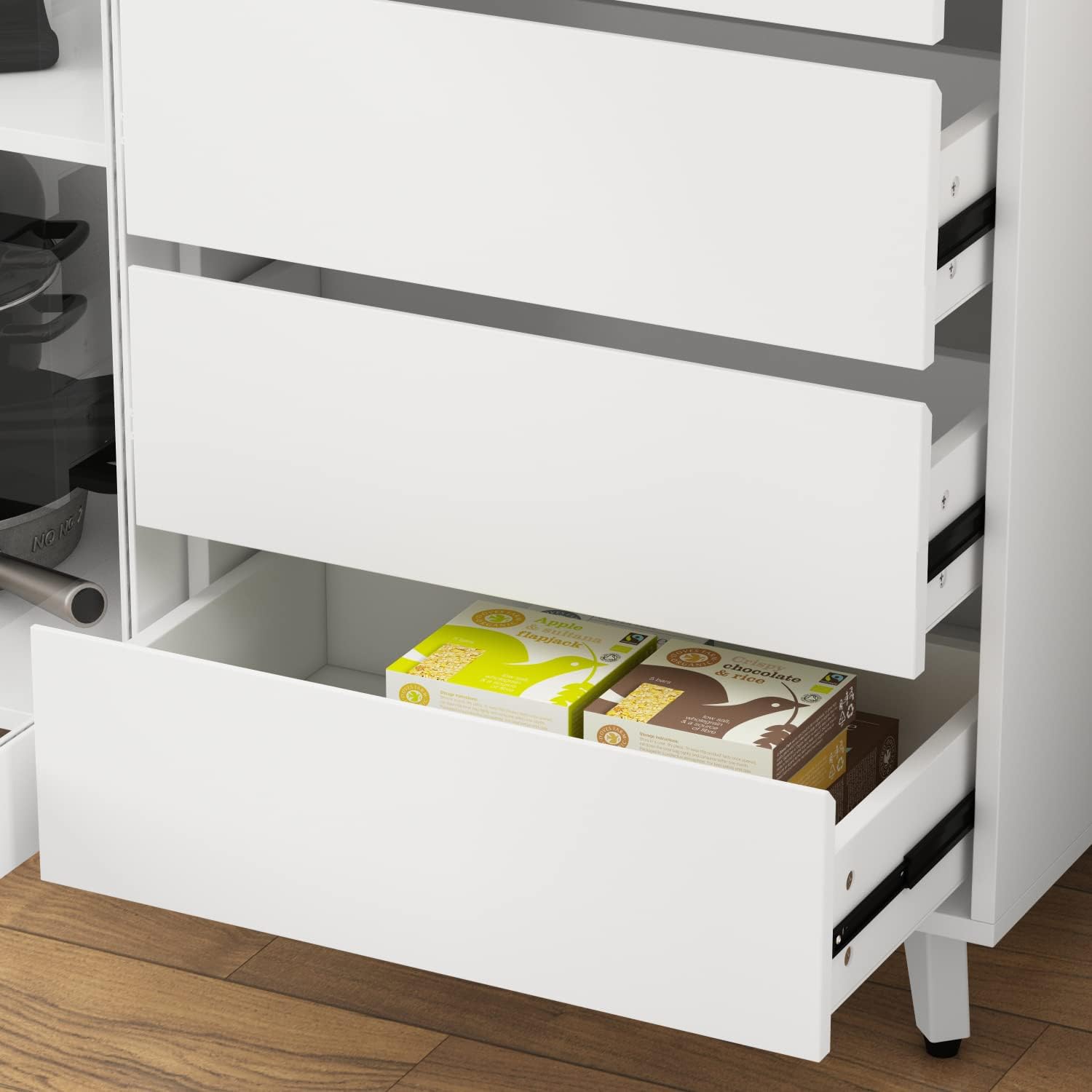 ECACAD Freestanding Kitchen Pantry Storage Cabinet with 4 Glass Doors, Shelves & 4 Drawers, Modern Sideboard Buffet Cabinet, Wood Kitchen Cupboard with Hutch and Hooks, White