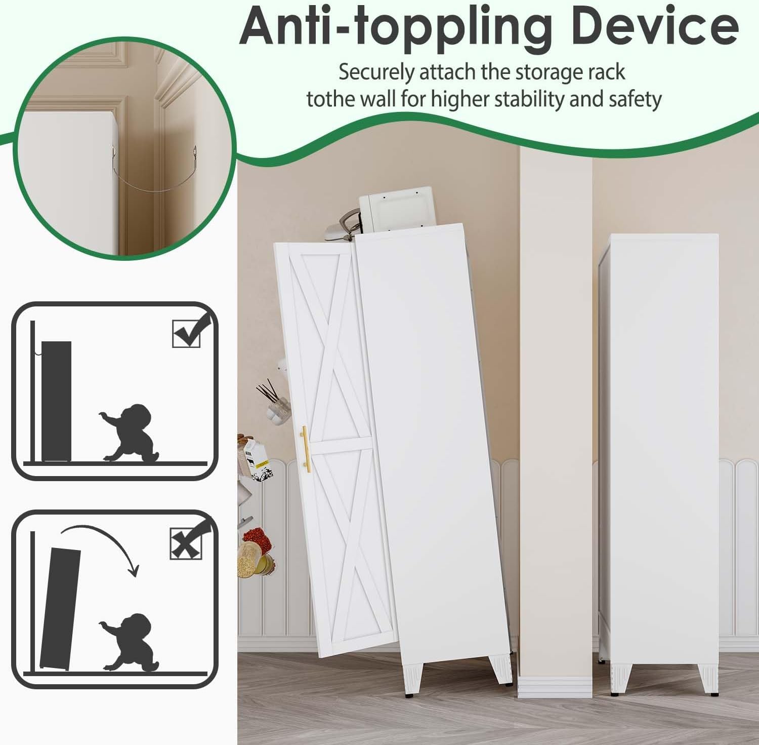 61' Kitchen Pantry Cabinet, Metal Storage Cabinet with 2 Doors and 3 Adjustable Shelves, White Food Pantry Cupboard for Kitchen, Dining Room, Living Room and Bathroom (White)