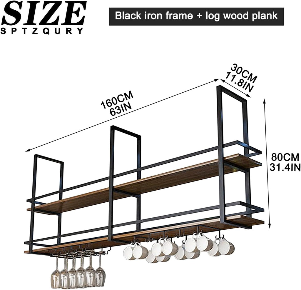 Ceiling Wine Glass Rack - 63in Hanging Wine Rack with Glass Holder and Shelf, 2 Layer Industrial Hanging Wine Bottle Holder, Black Metal Ceiling Shelf for Bar Cafe Kitchen (63×11.8×31.4in, Black)