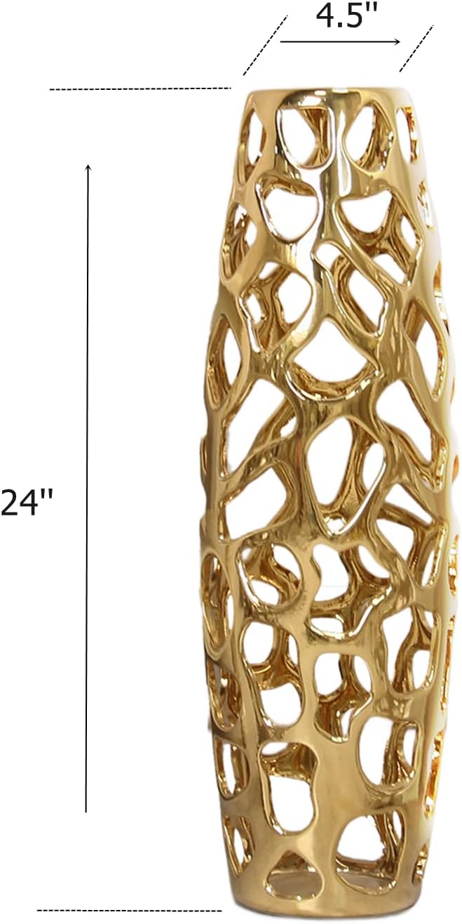 Ceramic Vase Large Floor Vase Handmade Ceramic Flower Holder Hand Carved Sophisticated Vessel for Decorative Branches and Dried Flowers 24 Inches Gold