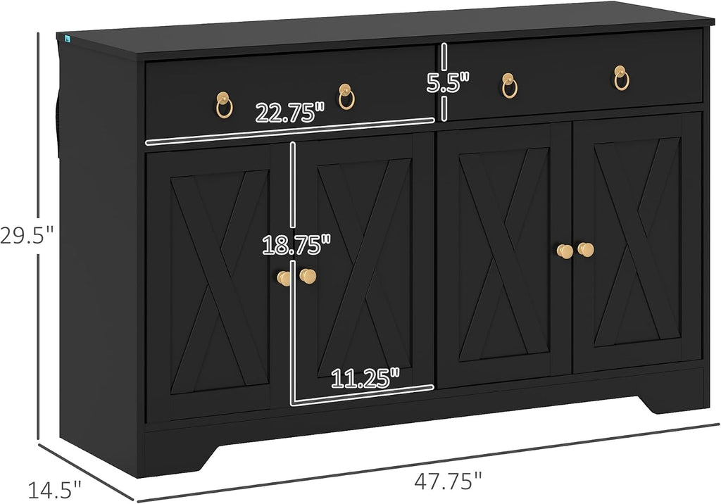 HOMCOM 48' Sideboard Buffet with Storage, Kitchen Storage Cabinet with 2 Drawers and 4 Barn Doors, Farmhouse Coffee Bar Cabinet with Adjustable Shelves, Black