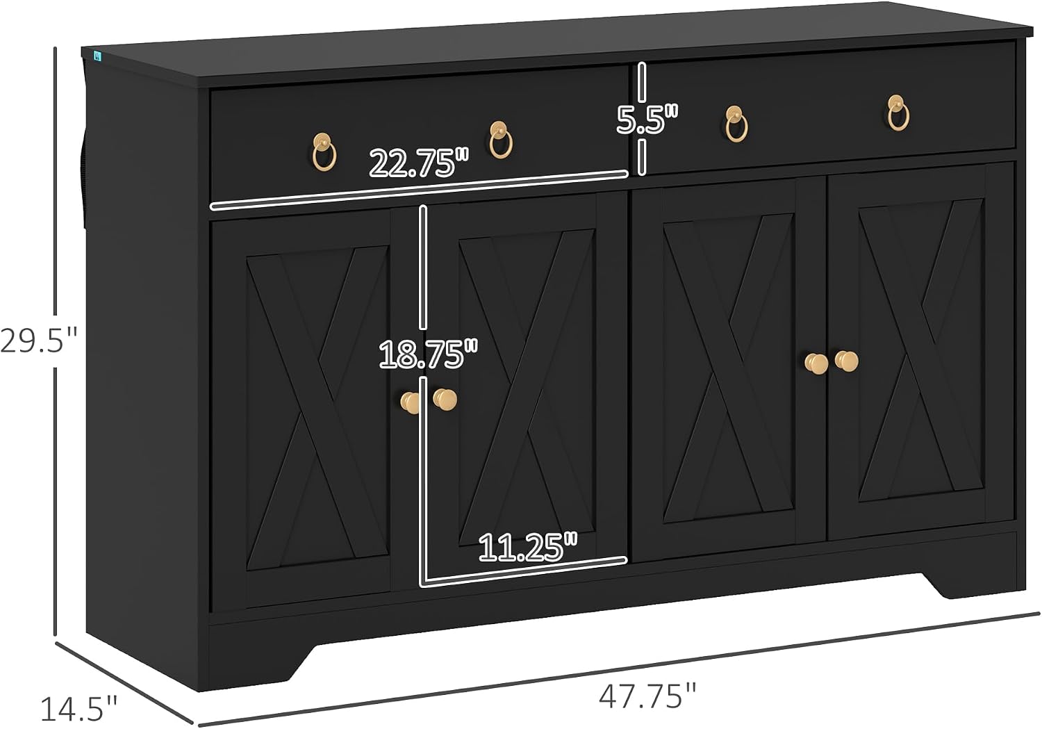 HOMCOM 48' Sideboard Buffet with Storage, Kitchen Storage Cabinet with 2 Drawers and 4 Barn Doors, Farmhouse Coffee Bar Cabinet with Adjustable Shelves, Black